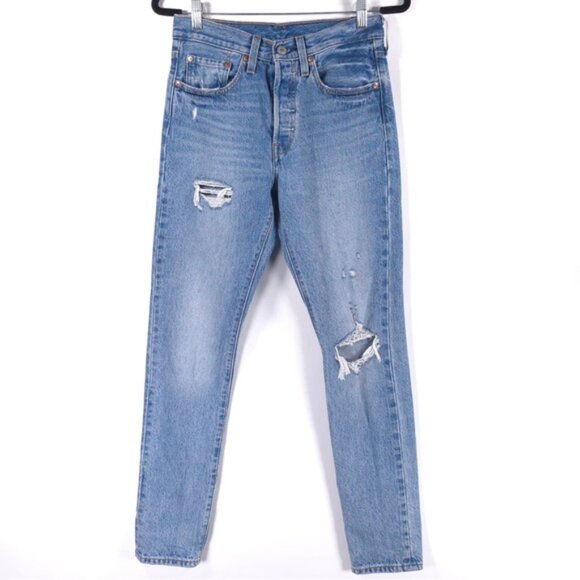 LEVIS PREMIUM 501 S Skinny Distressed Button Fly Jeans 100% Cotton W26 L32 - Picture 2 of 15